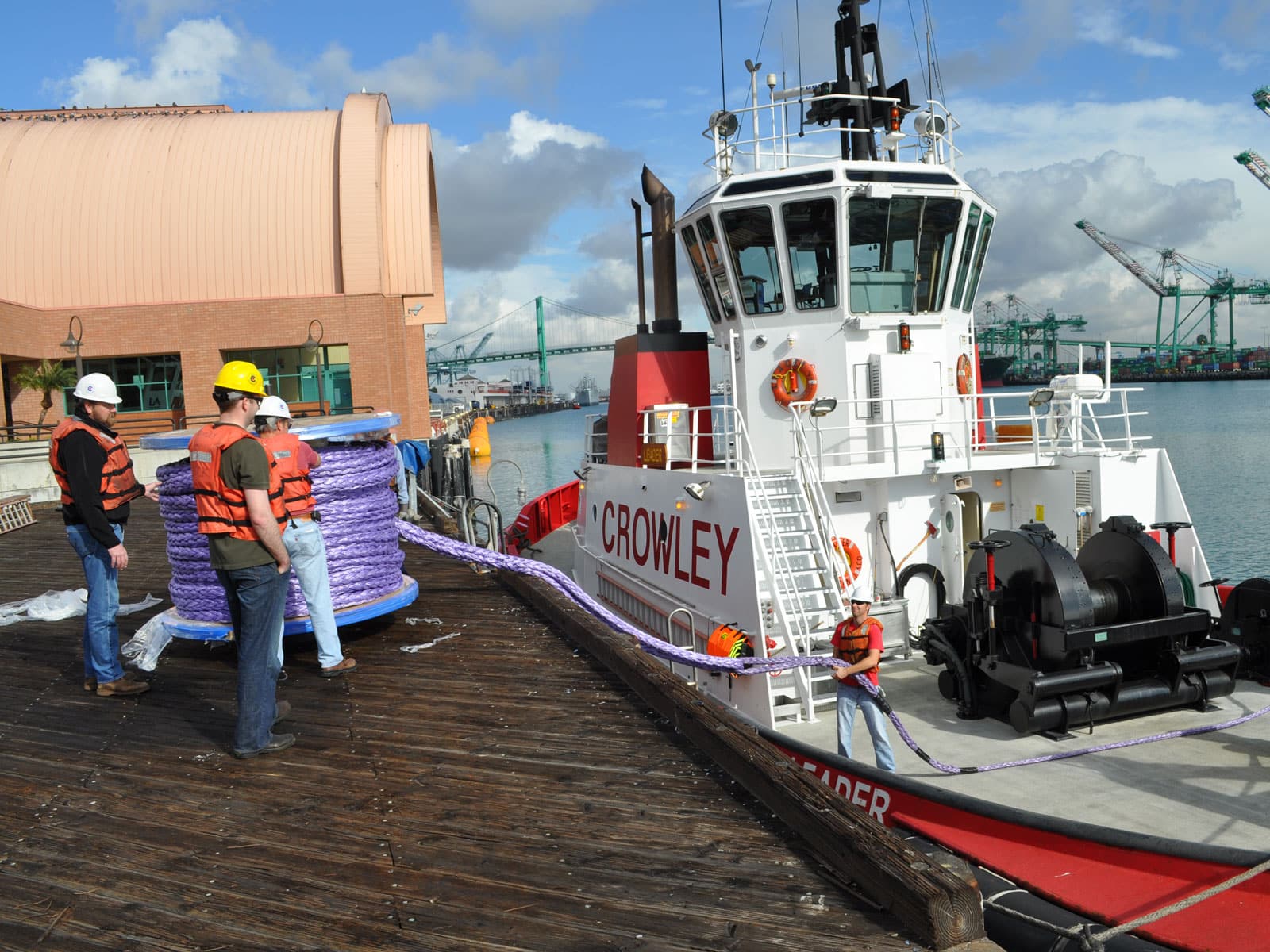 Cortland Plasma® rope being installed on a Crowley Tug