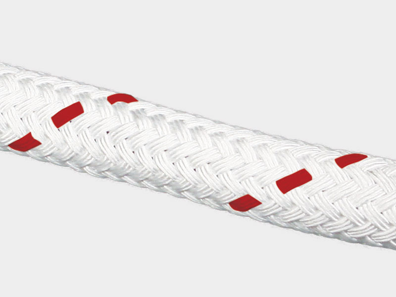 Close-up of white GZM composite double braid rope with red tracer for durability.