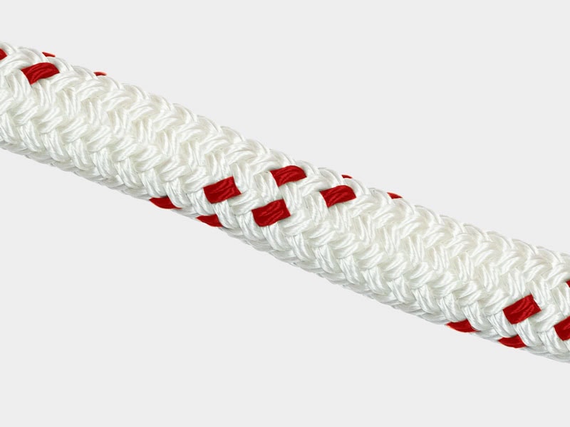 Close-up of Cortland double braid rope with red accents for marine use.