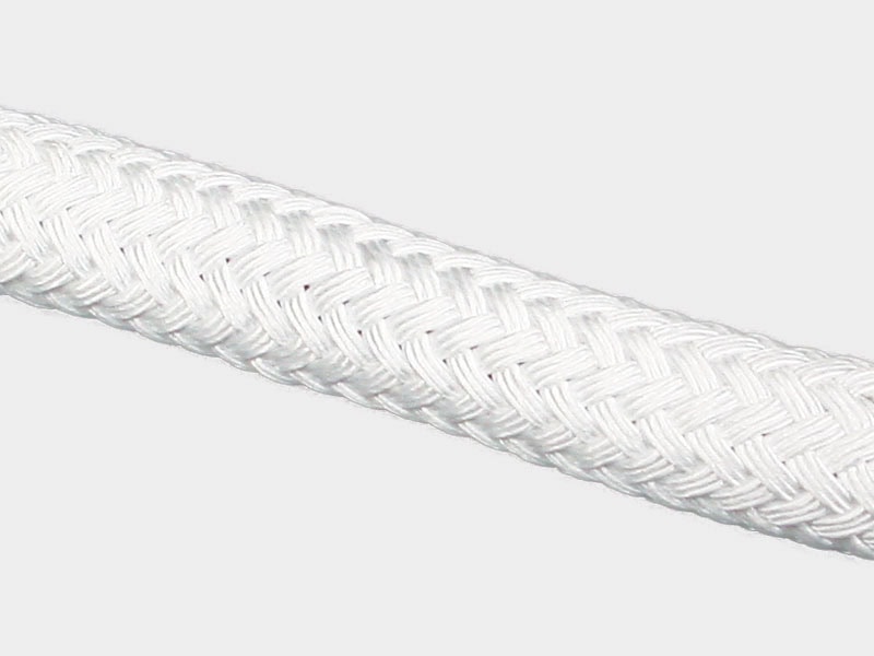Close-up of white GTM composite double braid rope for marine use.