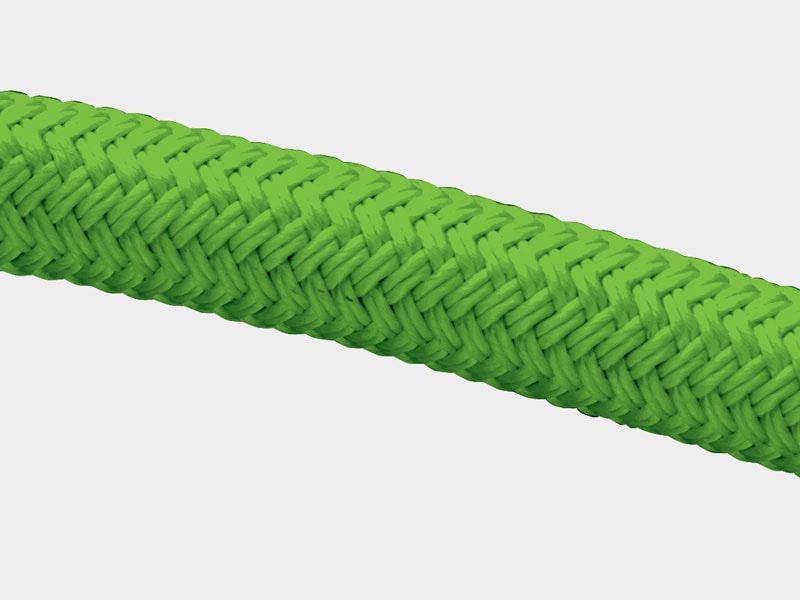 Close-up of bright green GZ composite double braid rope for sailing and marine use.
