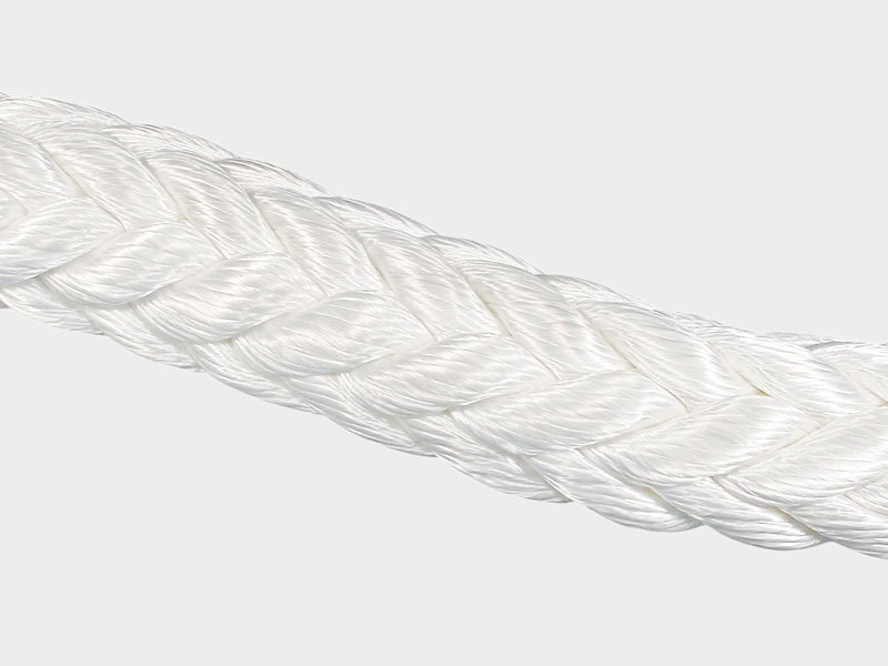 Close-up of a white nylon 12 plait rope showing detailed braided texture.
