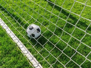 Soccer ball inside goal net on green grass field for sports and recreation.
