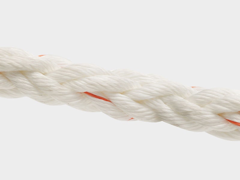 Close-up of white sinking rope with orange accents for durability and safety.