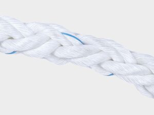 Close-up of white synthetic rope with blue accents for marine use.